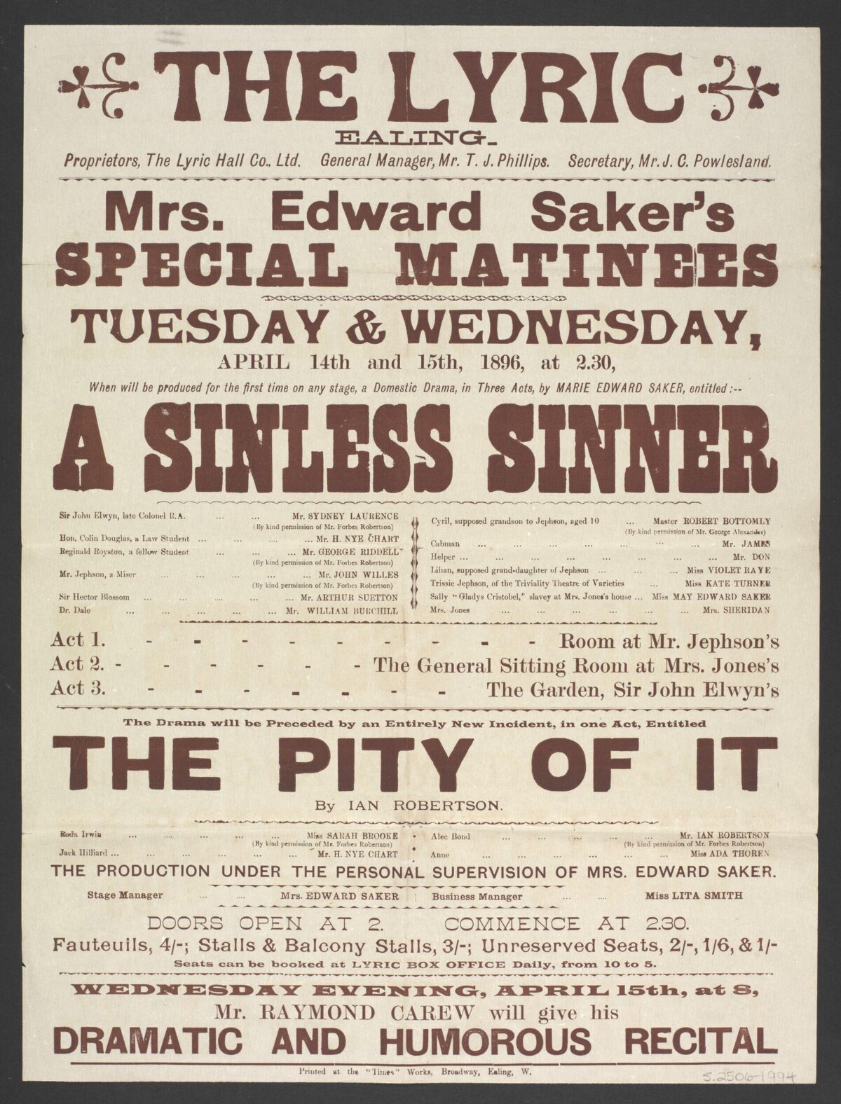1896 Lyric Ealing Theatre Playbill