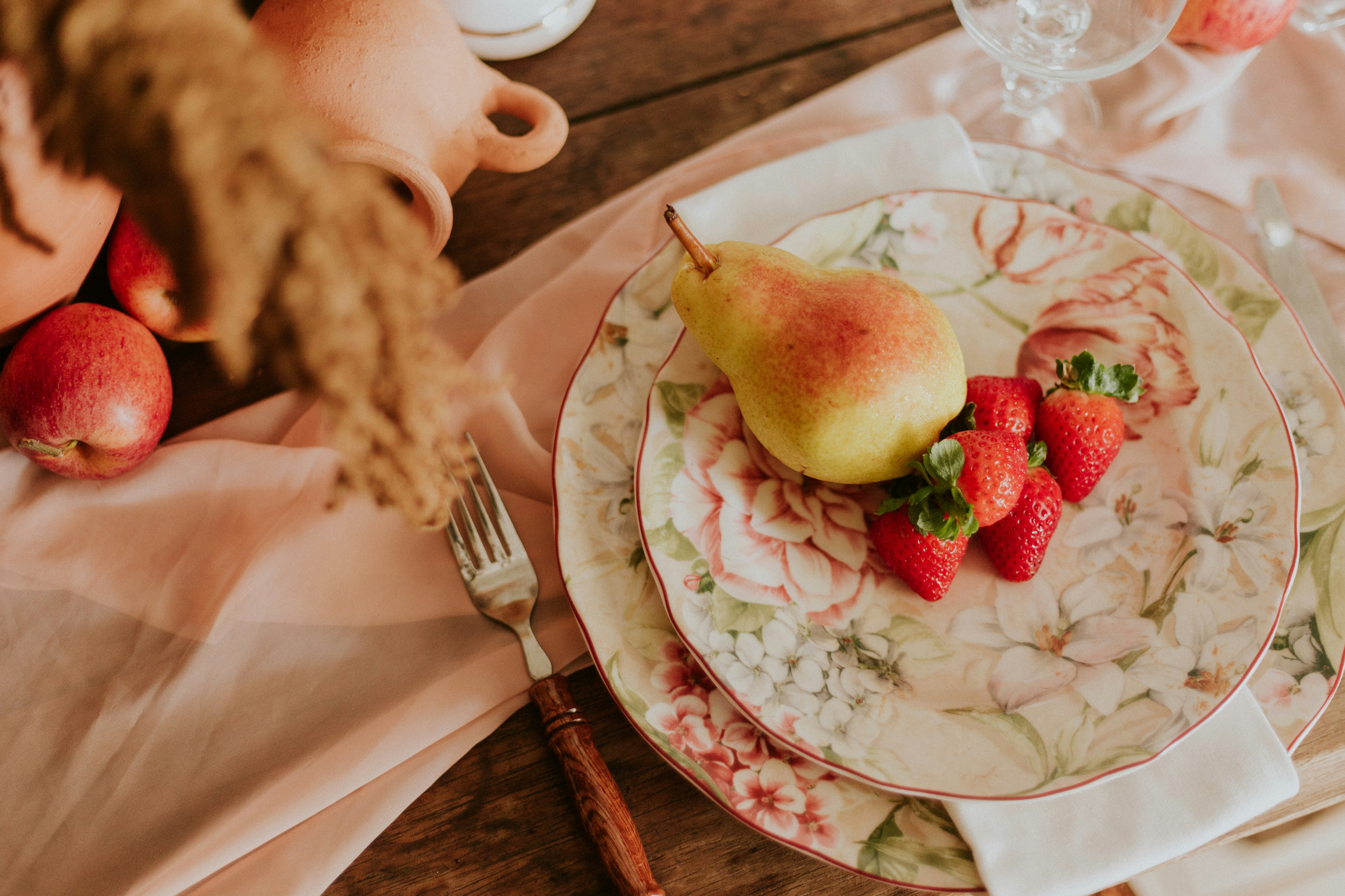 Fresh Fruits on Floral Table Setting