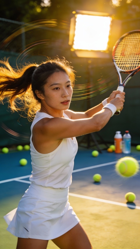 Female Tennis Player Swinging Racket