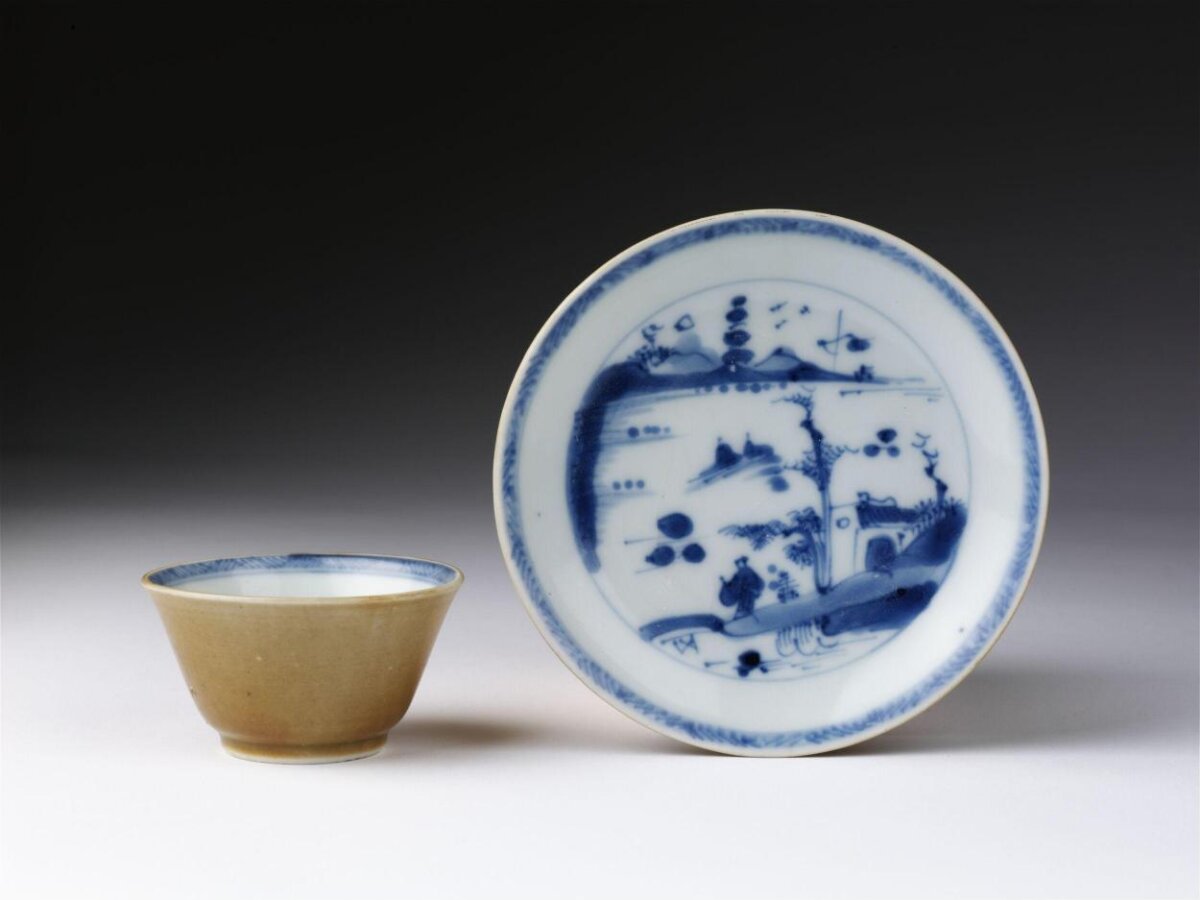 Brown Glaze Blue and White Cup and Saucer