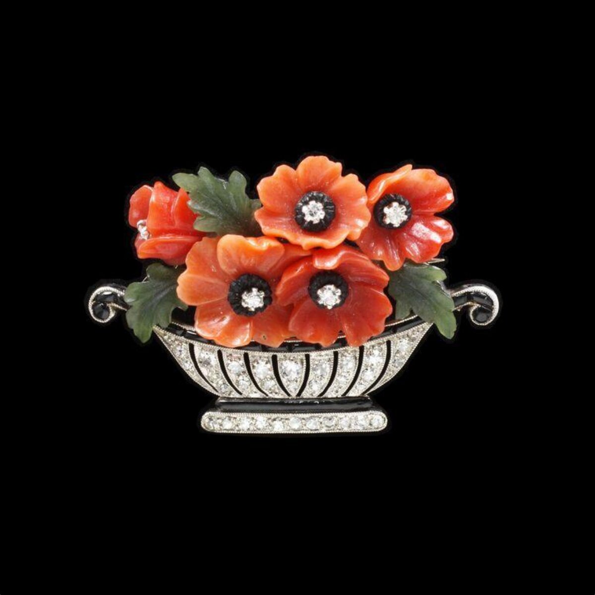 Coral Poppy Flower Basket Brooch