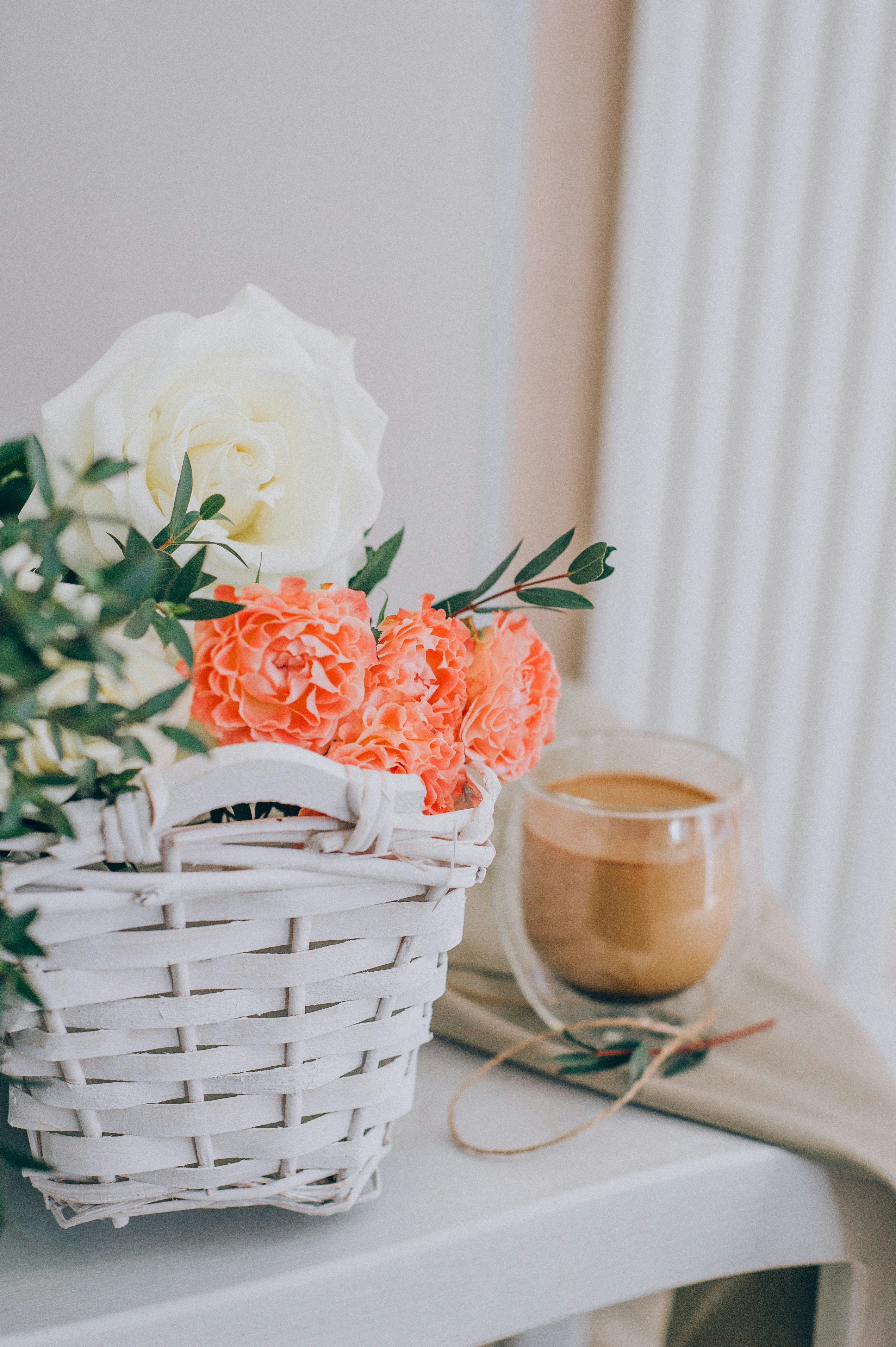 Flower Basket and Coffee on Side Table