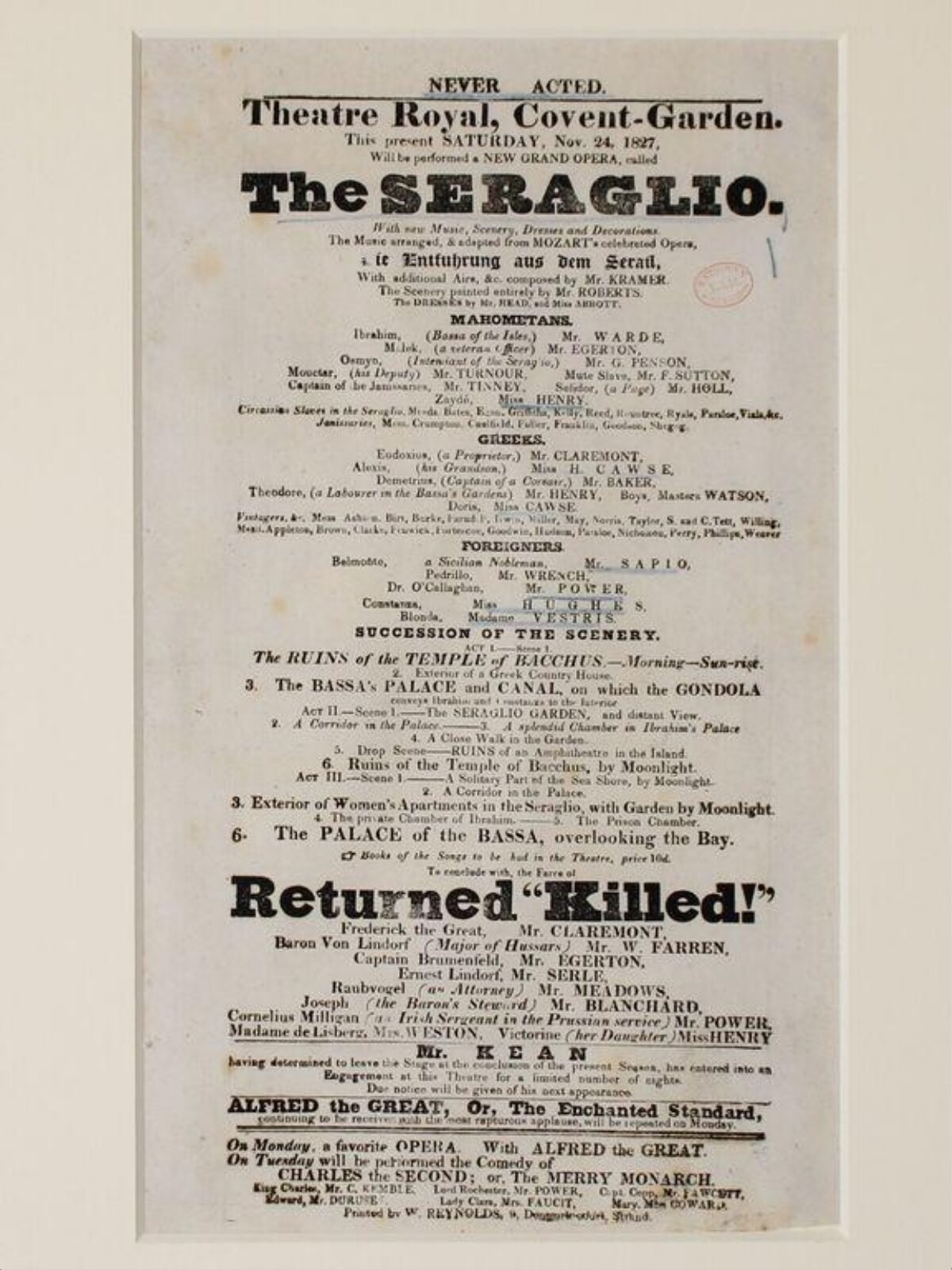 1827 Covent Garden Theatre Playbill