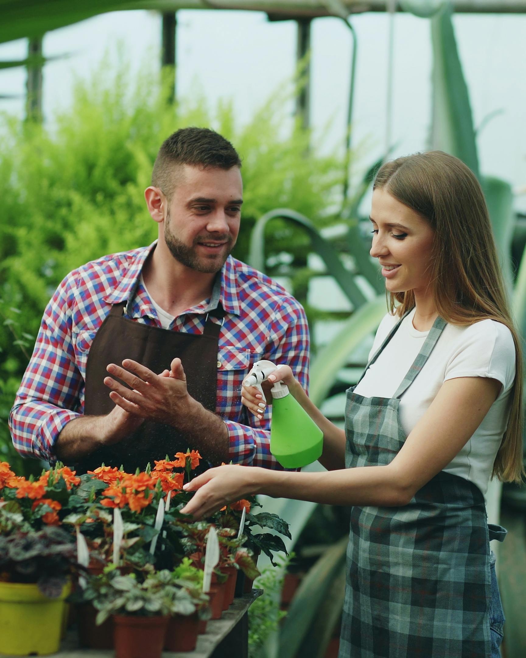 Two Gardeners Tending Potted Plants in Greenhouse