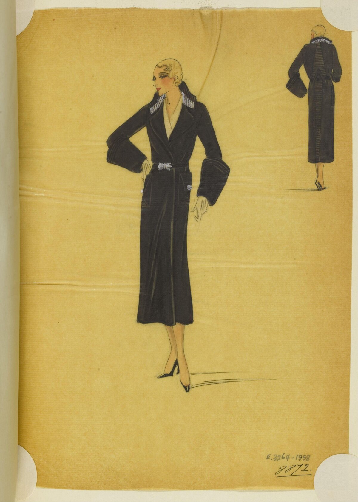 Vintage Long Black Coat Fashion Sketch