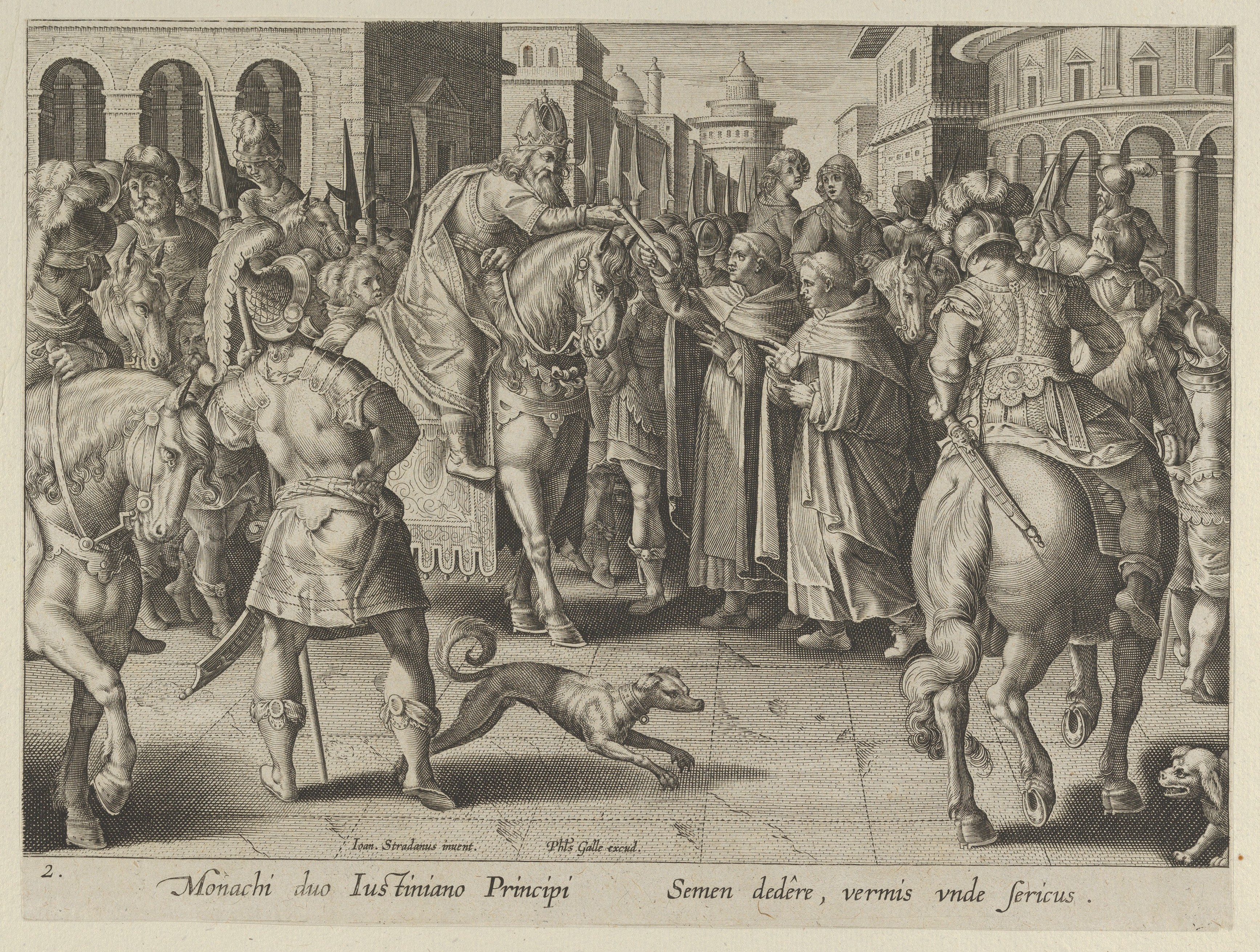 Engraving of Justinian Meeting Two Monks