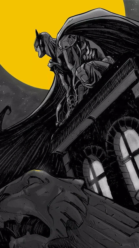 Batman Atop Building Under Yellow Moon
