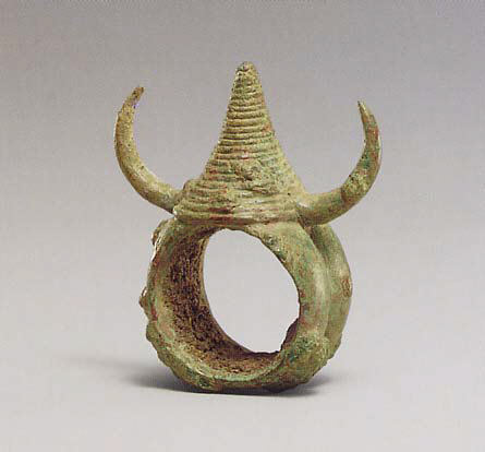 Ancient Bronze Horned Ring Artifact