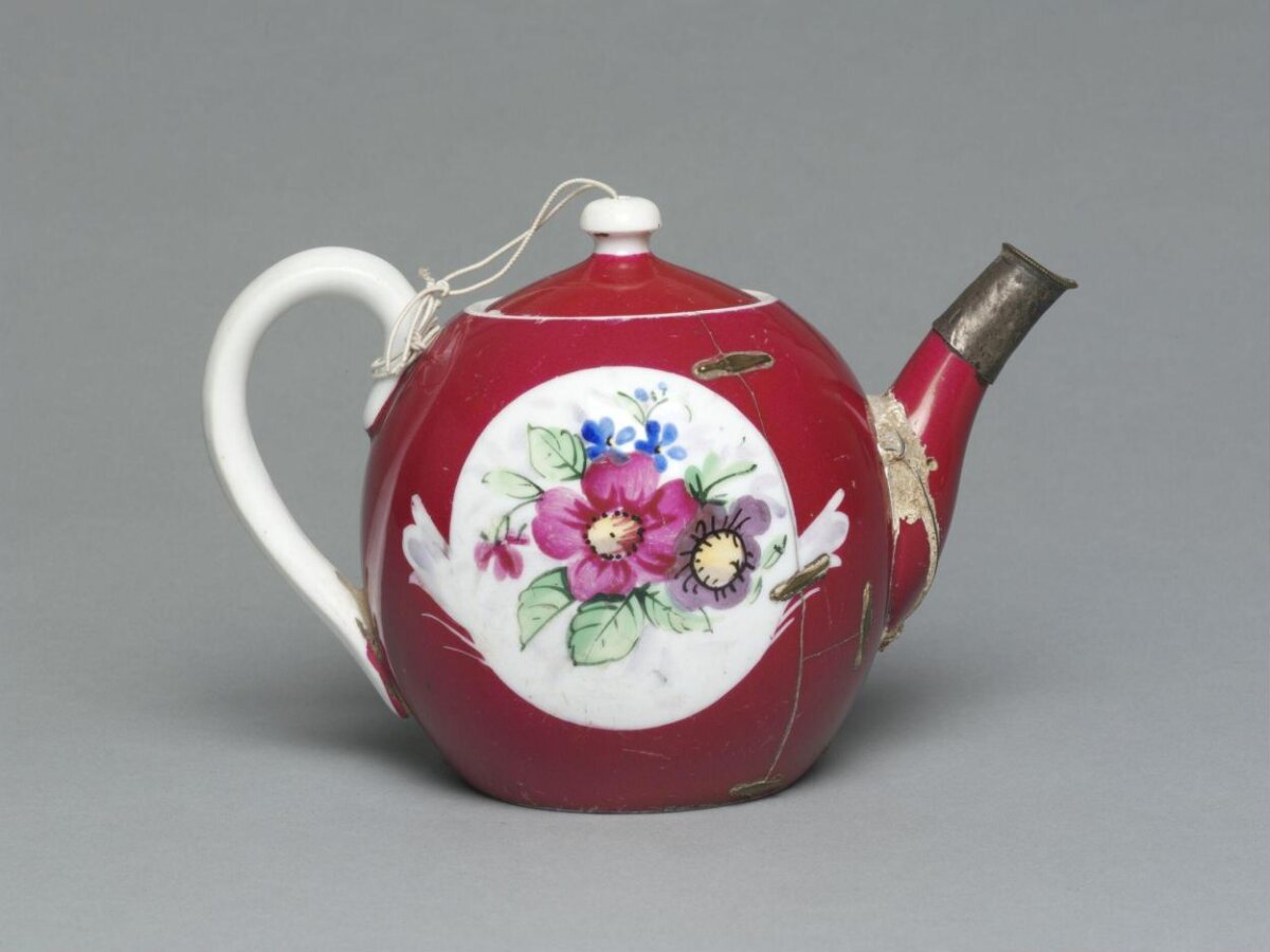 Vintage Repaired Red Floral Teapot