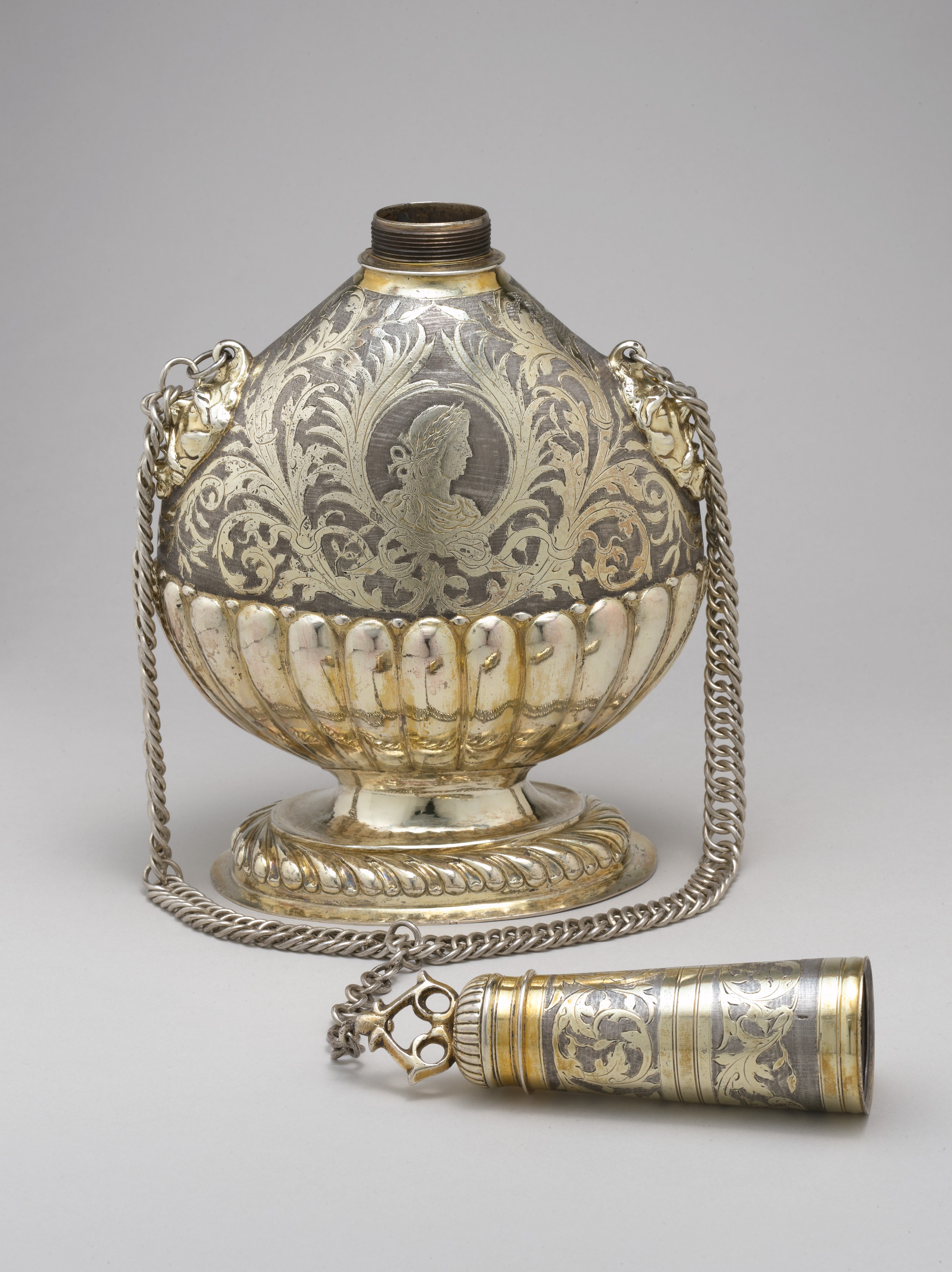 Antique Engraved Silver Powder Flask