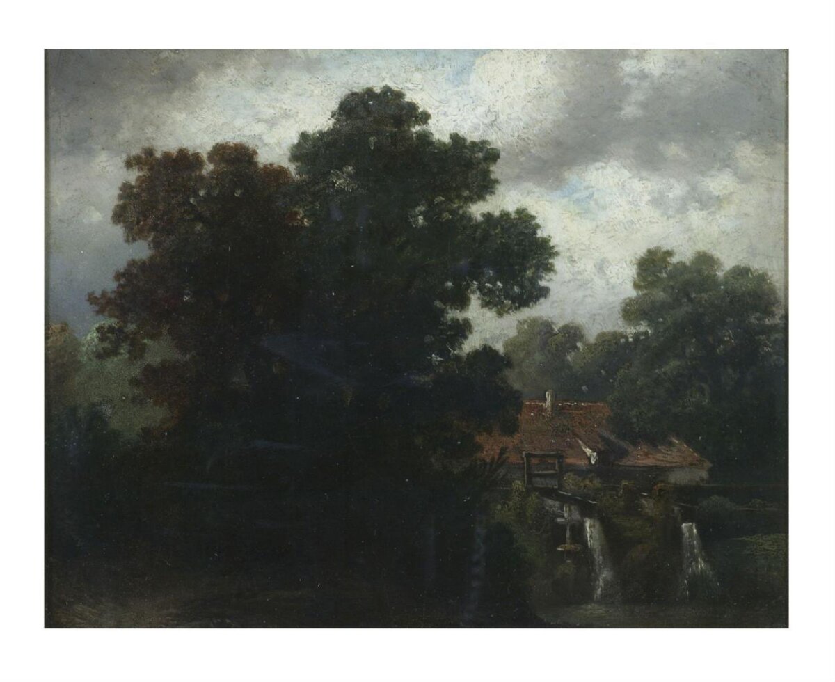 Watermill in Forest Landscape Painting