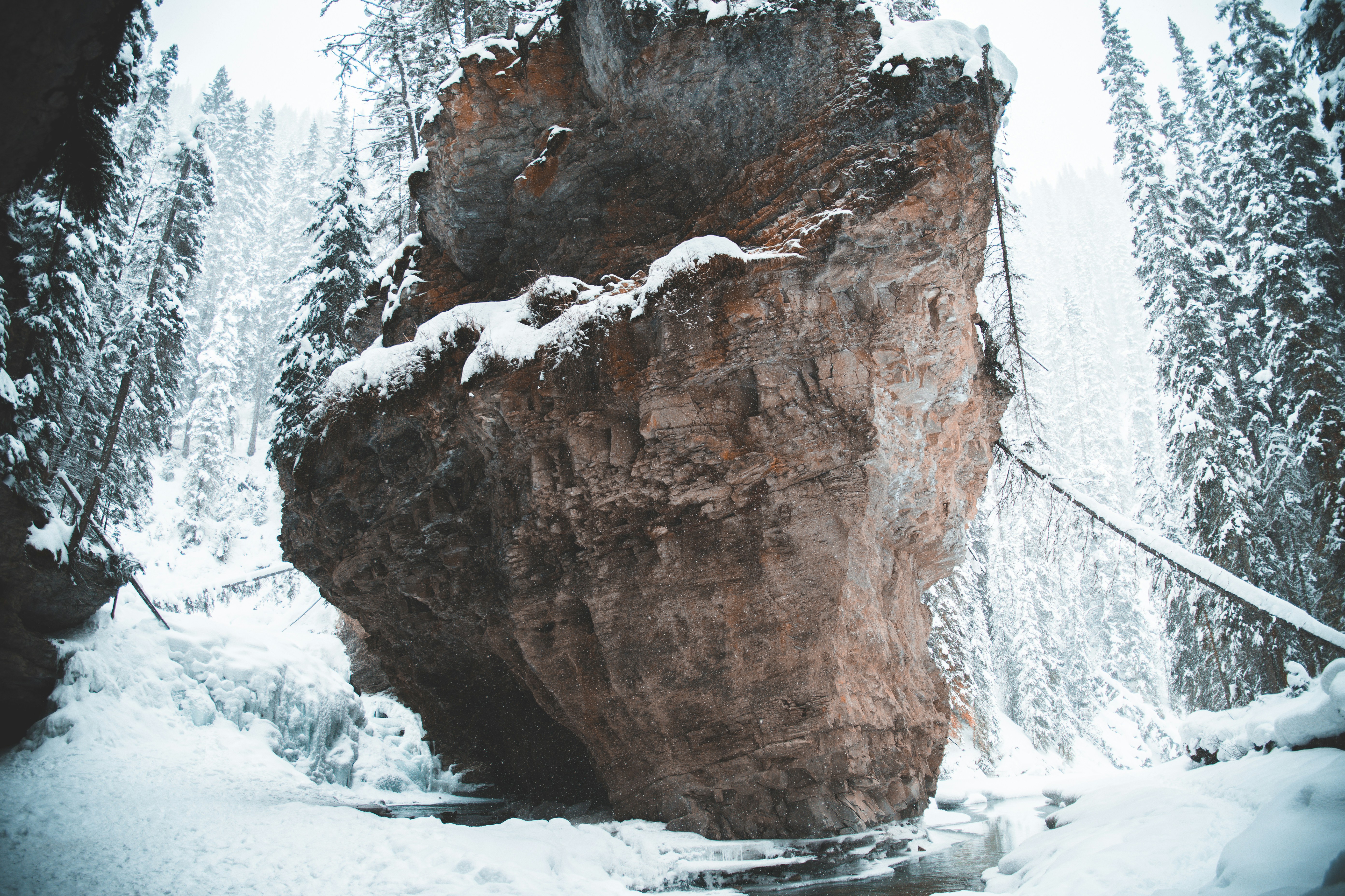 Snow-covered Rock in Winter Forest