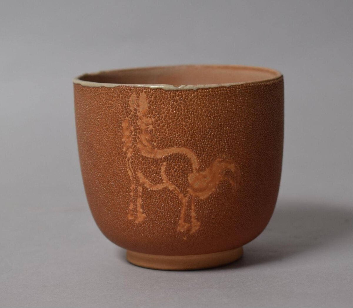 Brown Glazed Ceramic Cup with Horse Pattern