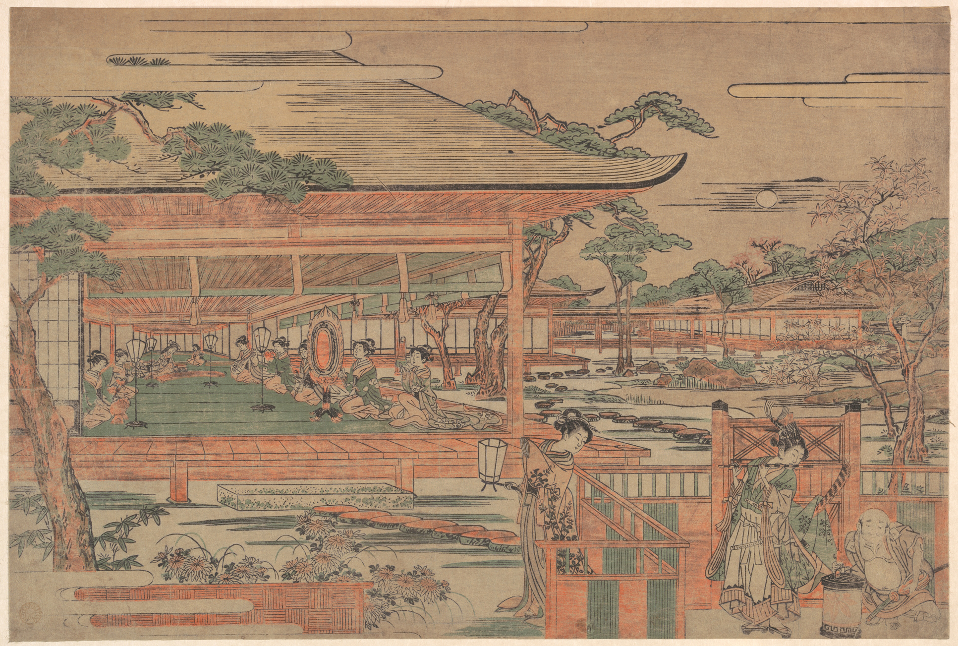 Japanese Ukiyo-e Garden Banquet at Night