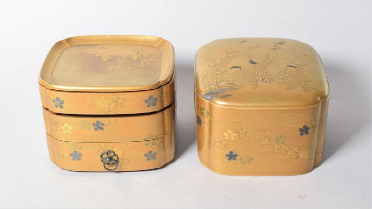 Two Gold Lacquered Tiered Boxes