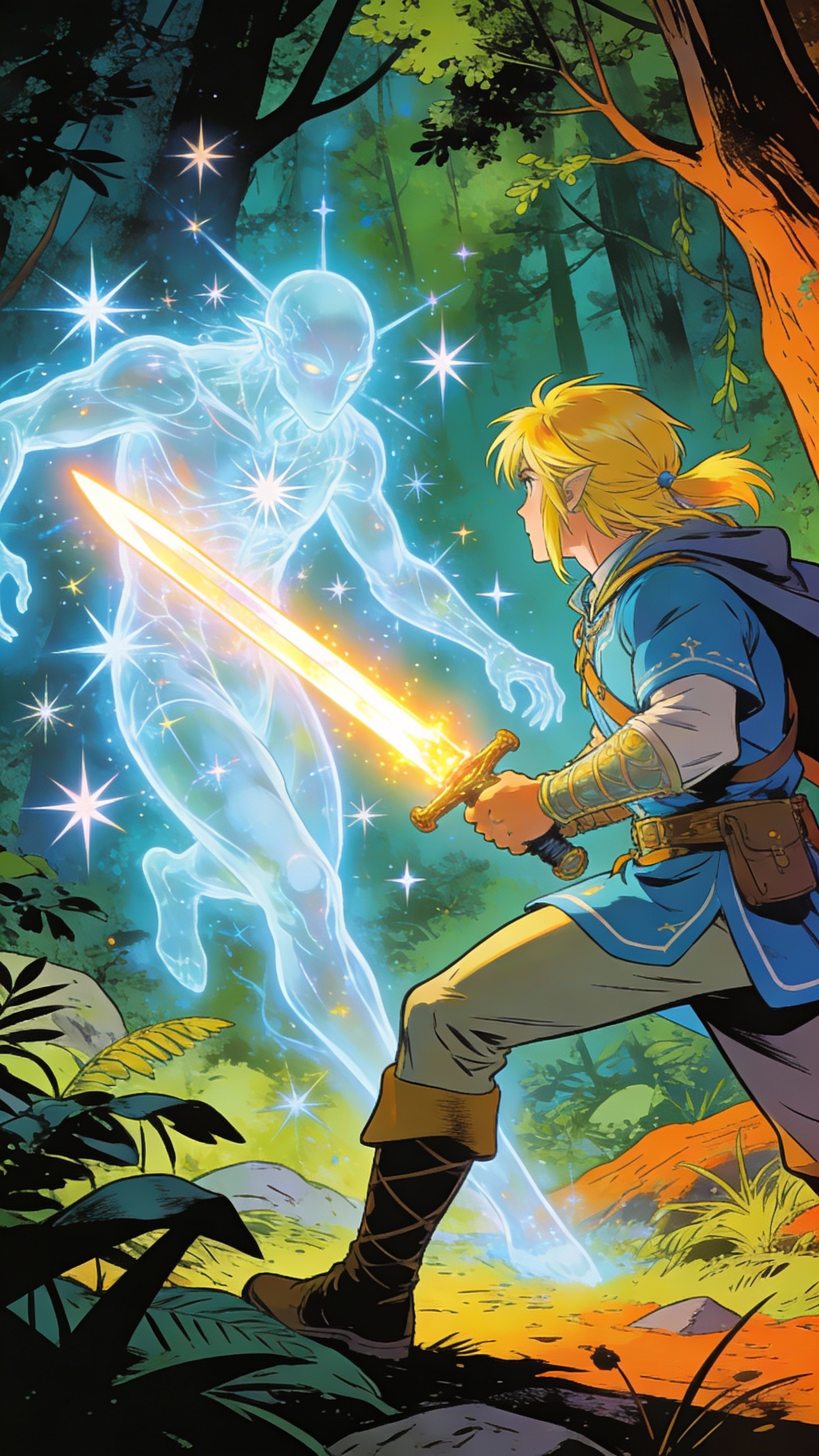 Link Confronts Glowing Spirit in Forest
