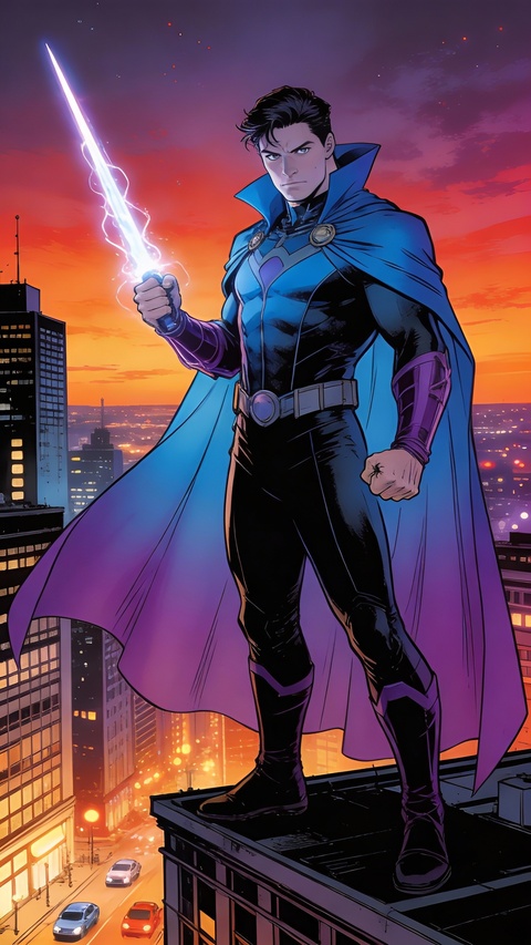 Nightwing on City Rooftop at Sunset