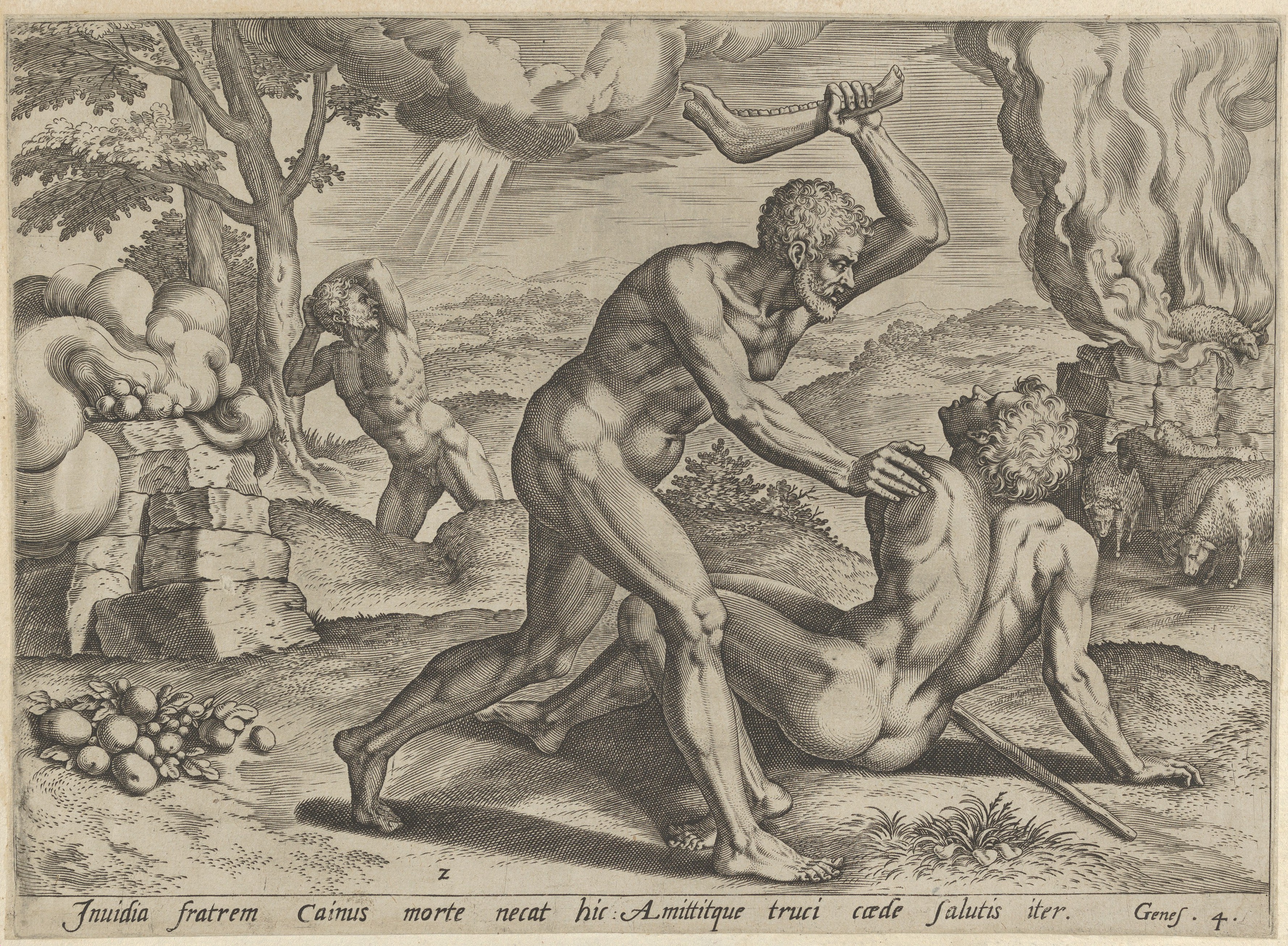 Cain Kills Abel Antique Engraving