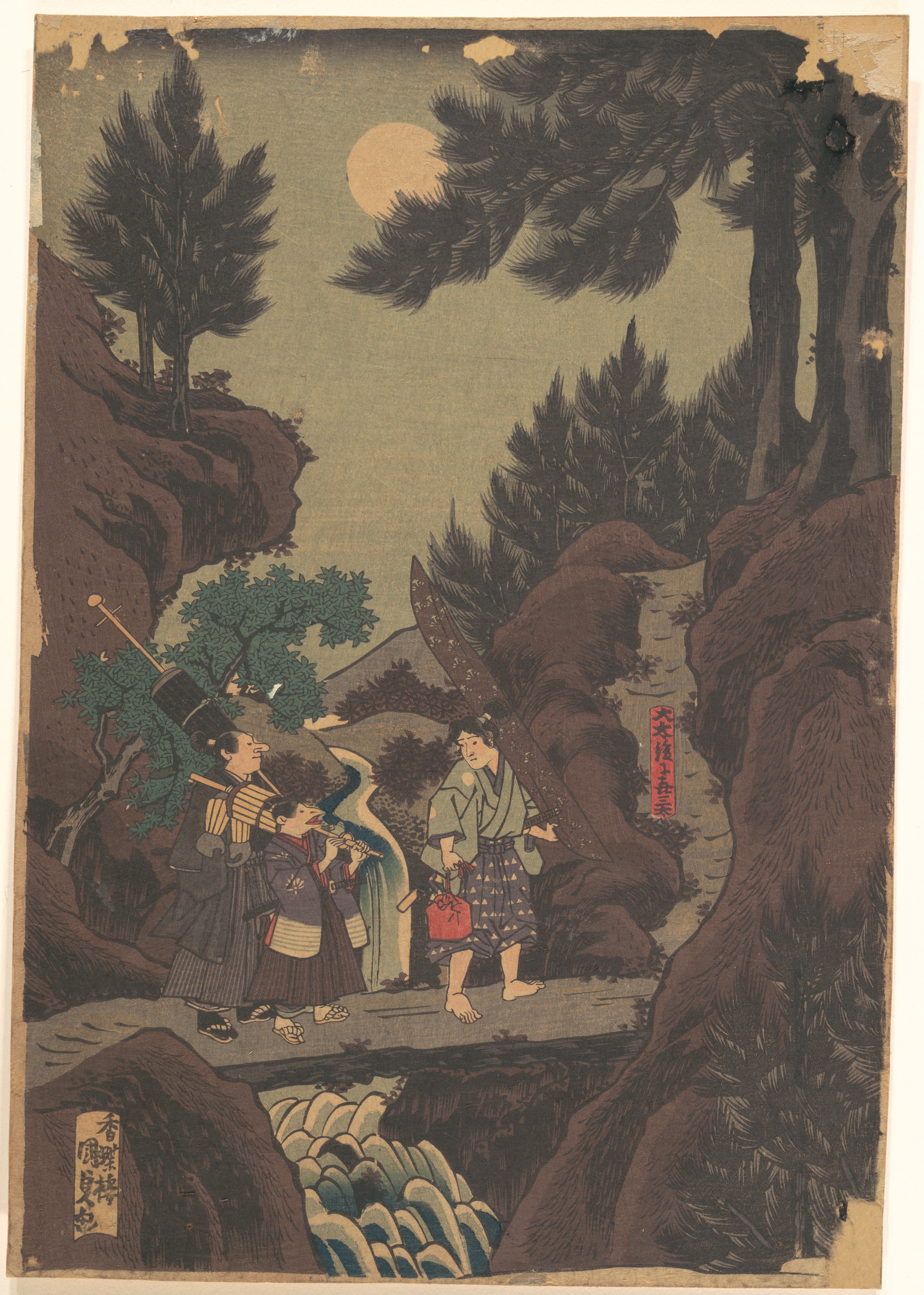 Ukiyo-e Three Travelers on Moonlit Path