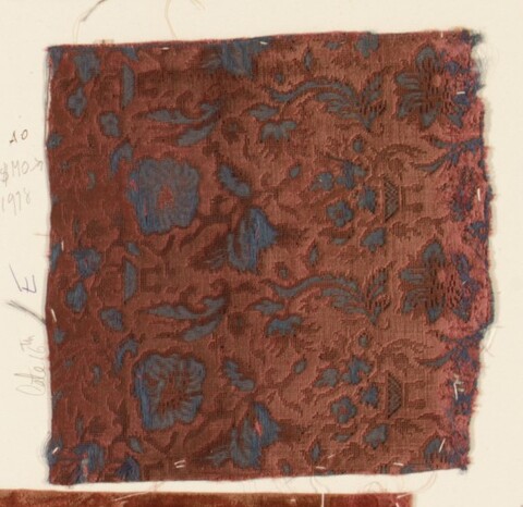 Antique Red Blue Floral Textile Fragment