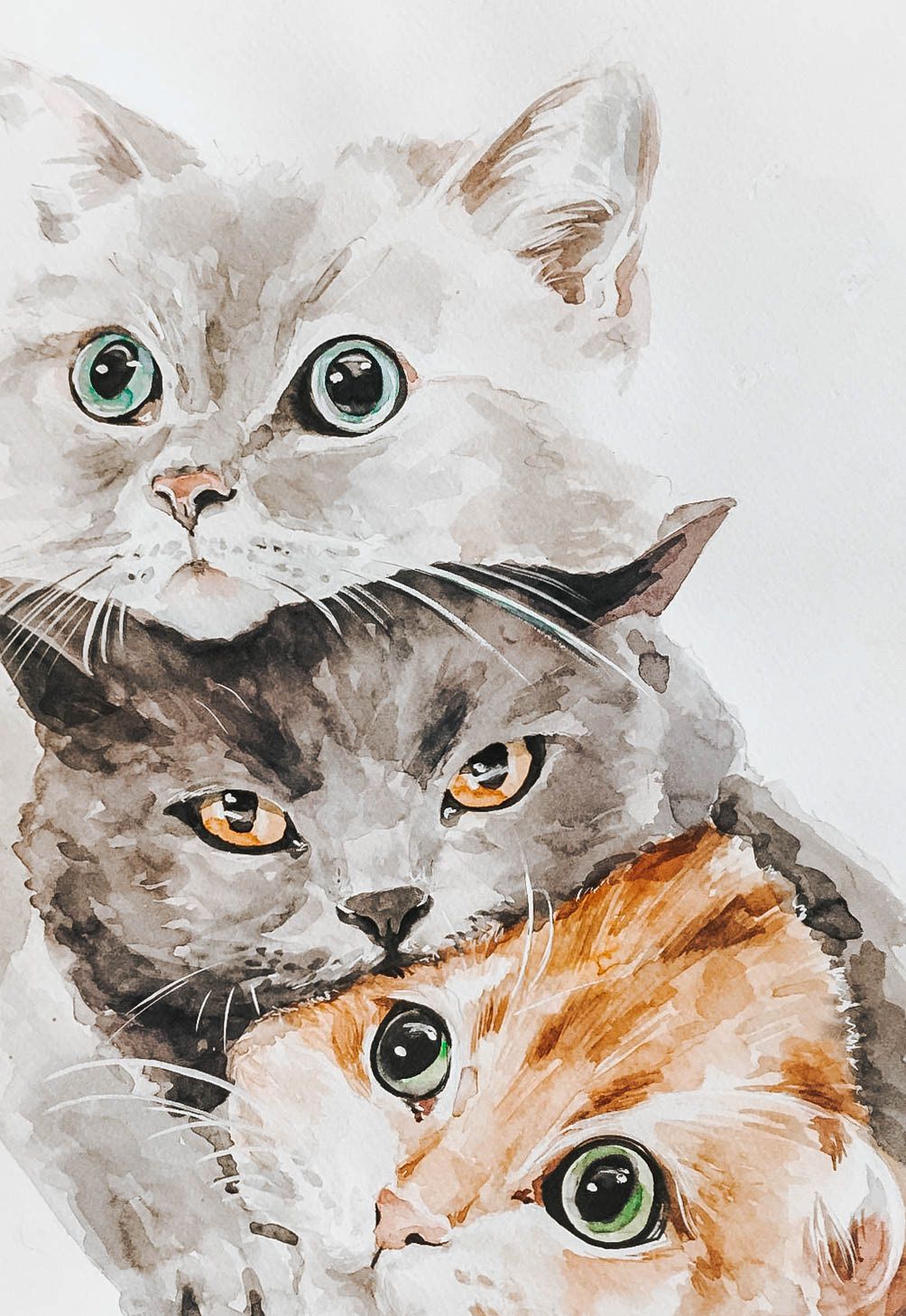 Three Stacked Watercolor Cats