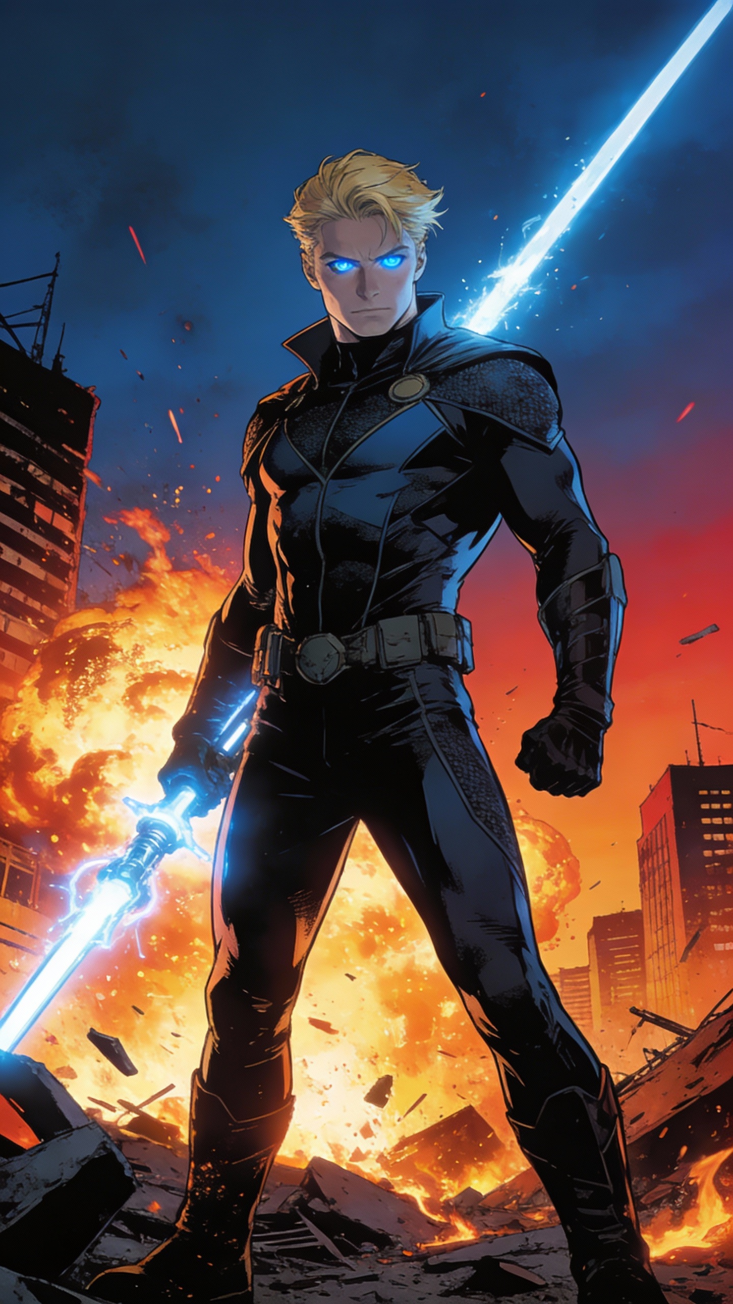 Glowing-Eyed Superhero in Ruined City