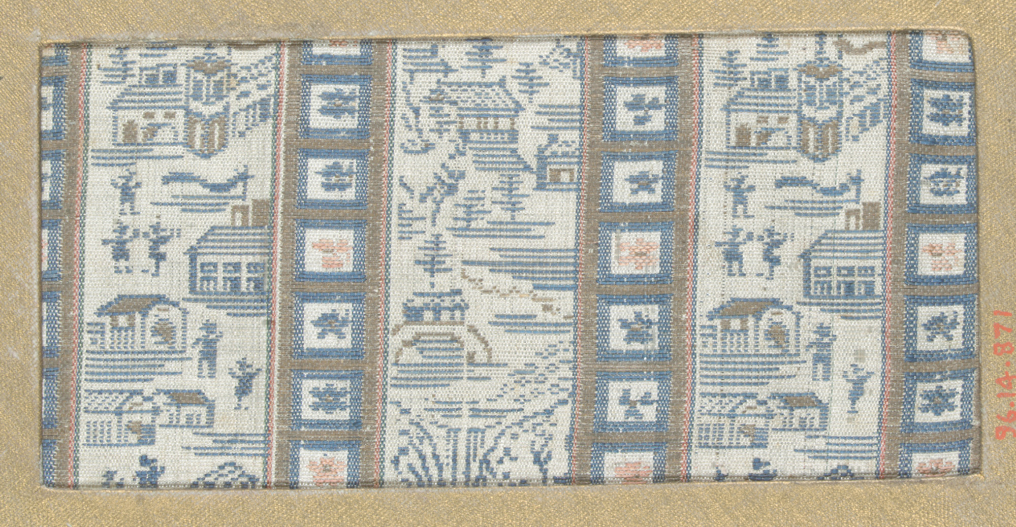 Antique Woven Village Scene Textile