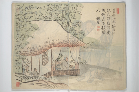 月下茅舍鼓琴图