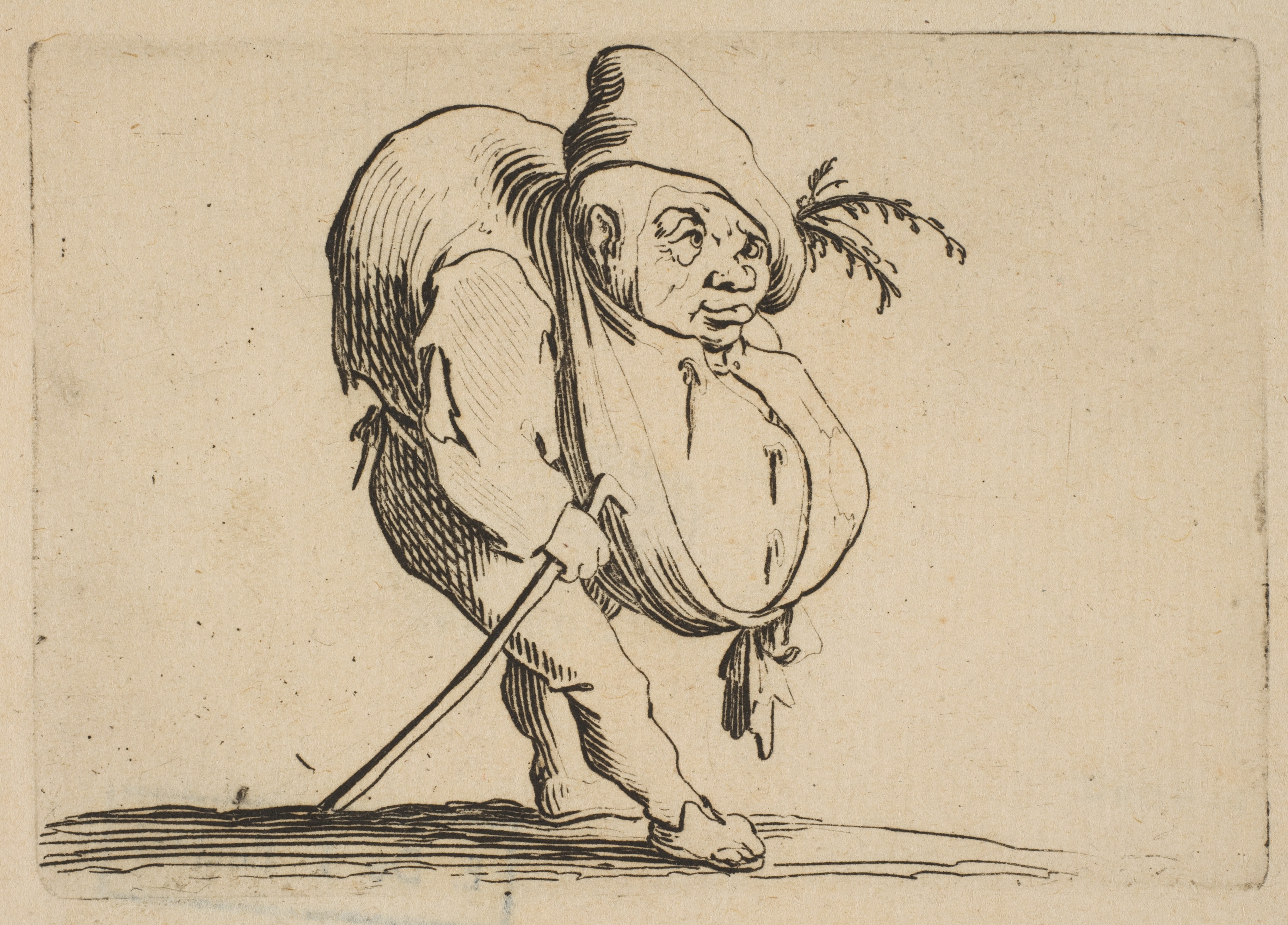 Etching of a Hunchbacked Traveler