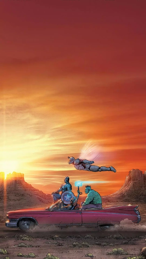 Avengers Road Trip Across Desert at Sunset