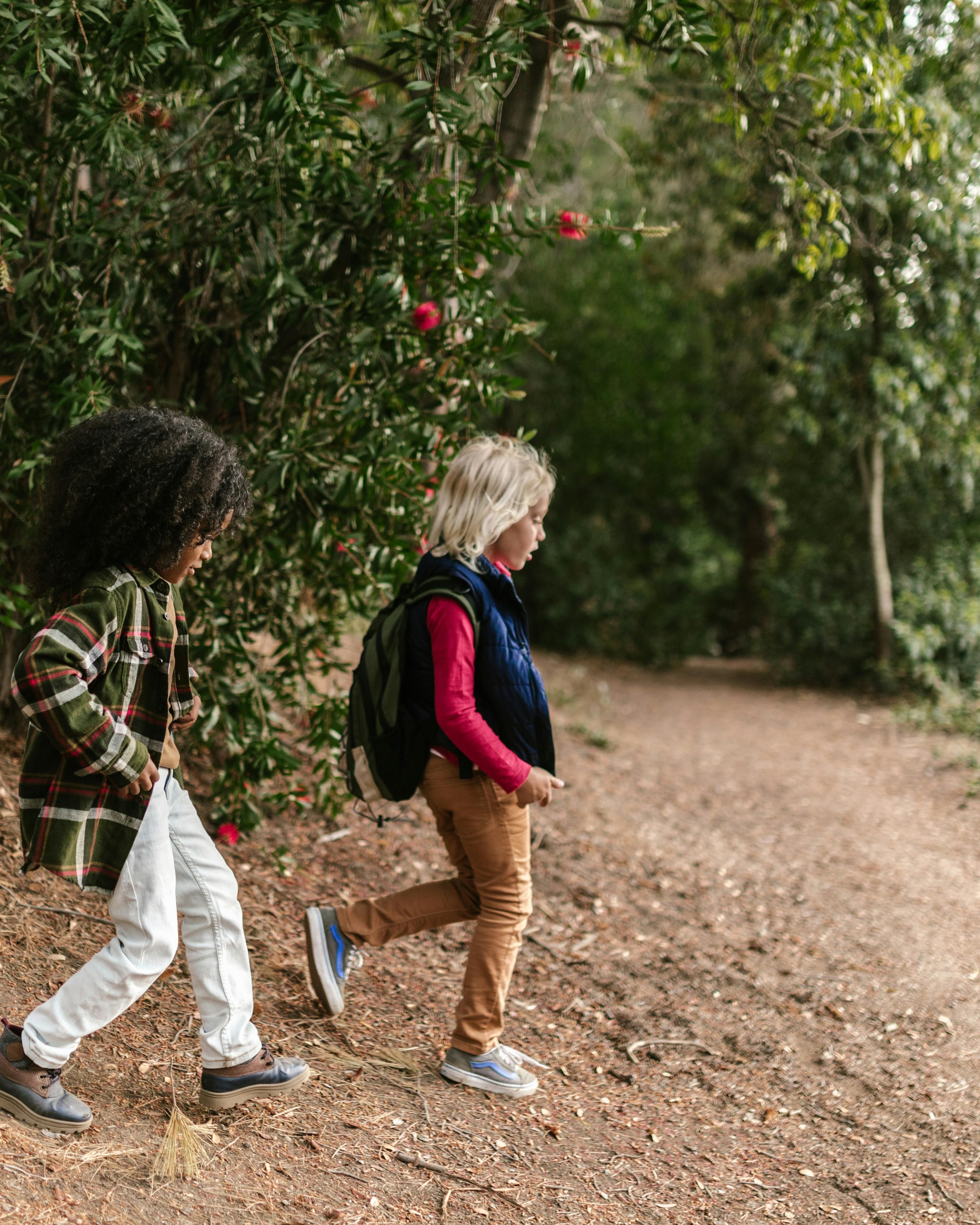 Two Kids Hiking on Forest Trail
