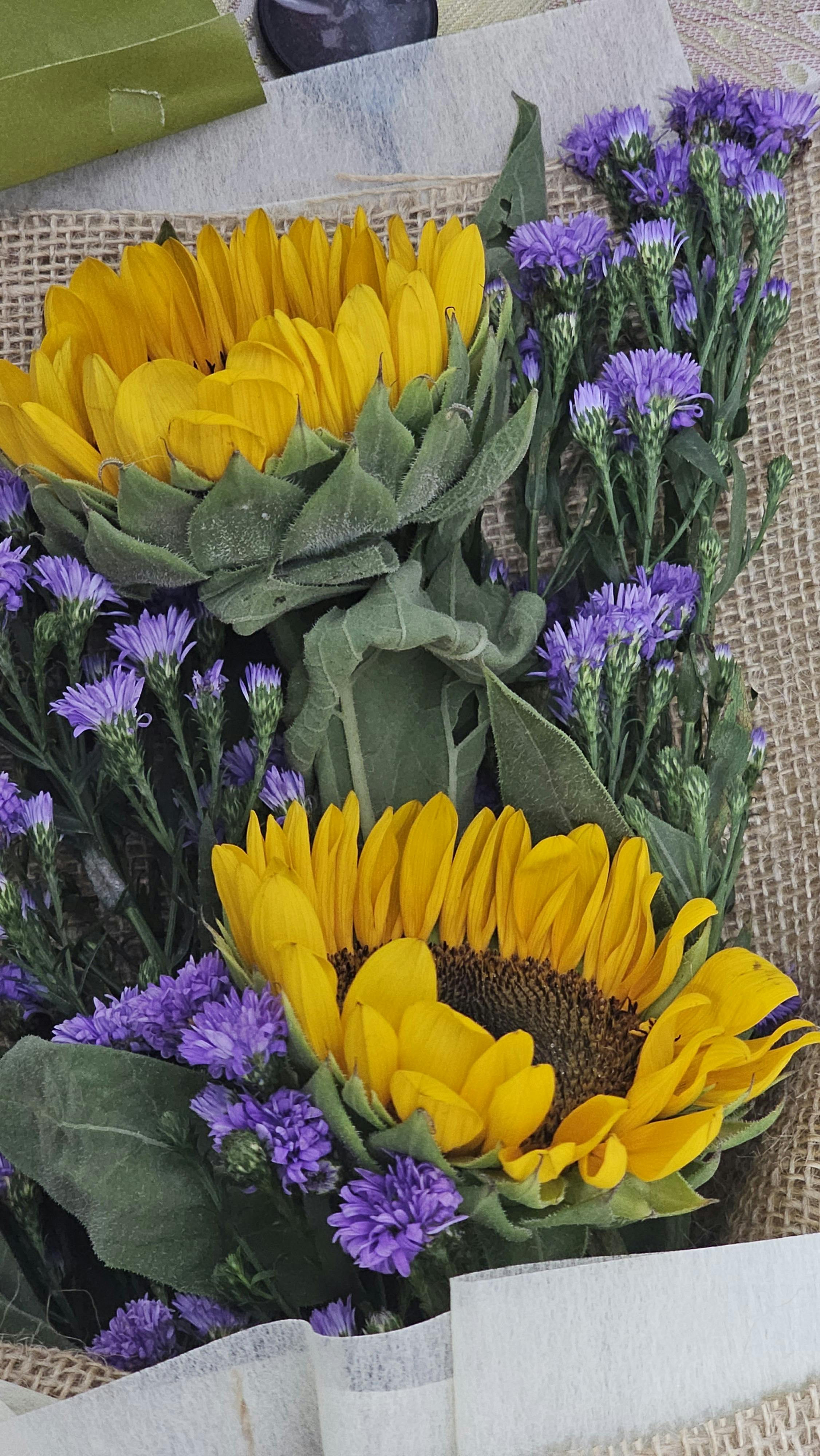 Bouquet of Sunflowers and Purple Flowers