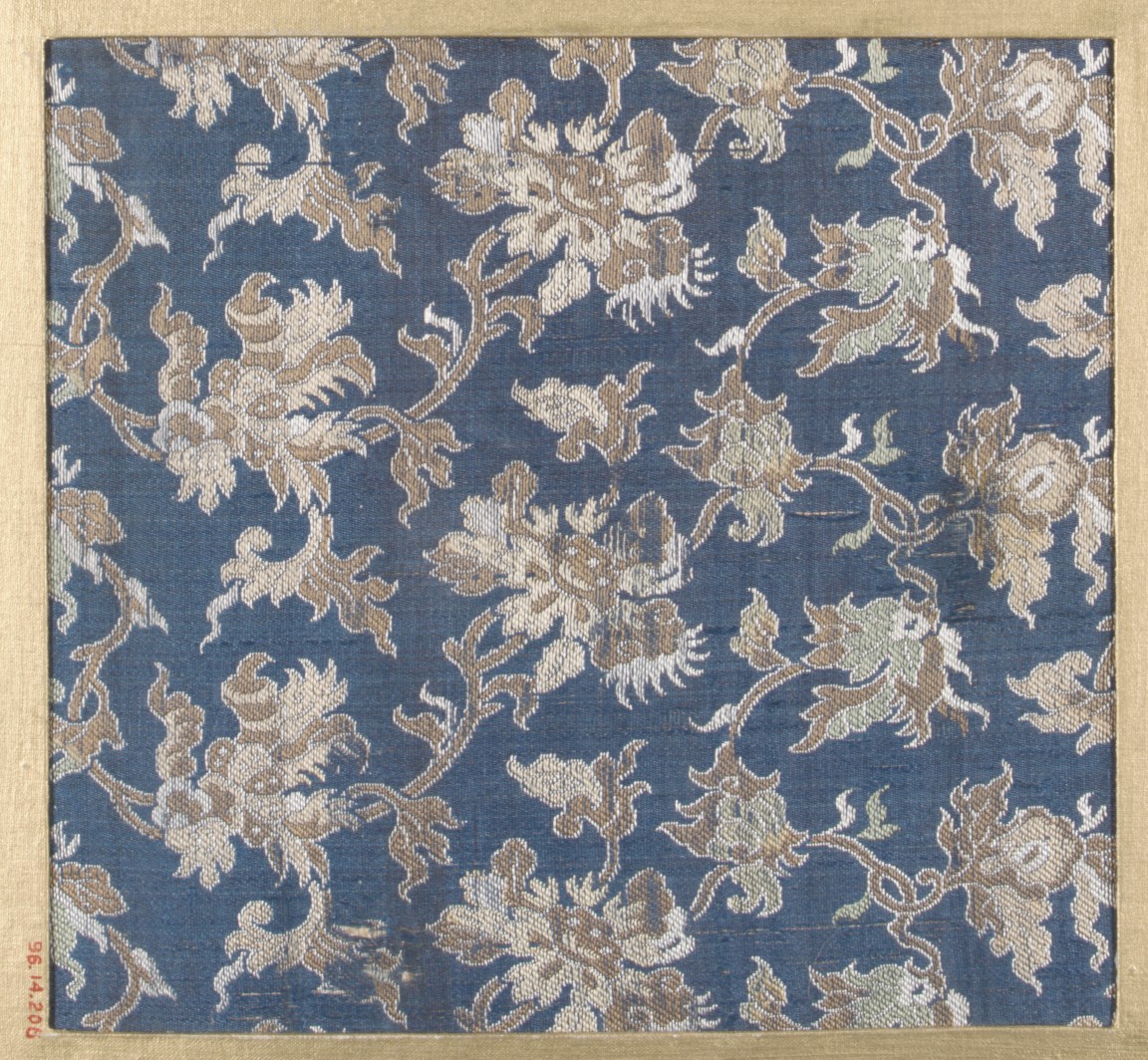 Blue Floral Brocade Textile Fragment