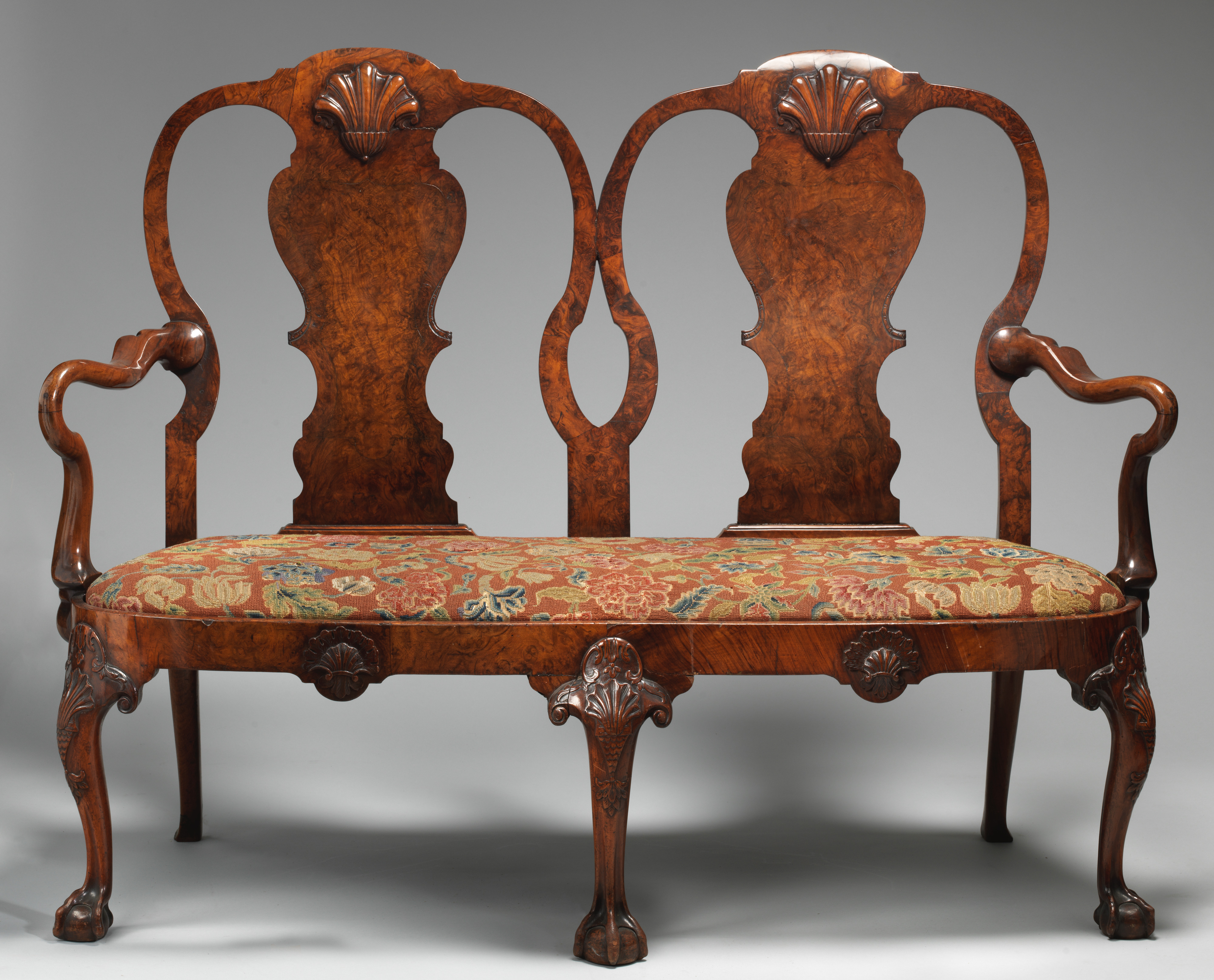 Antique Carved Walnut Double Settee