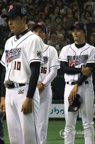 Three Playboys Baseball Players on Field
