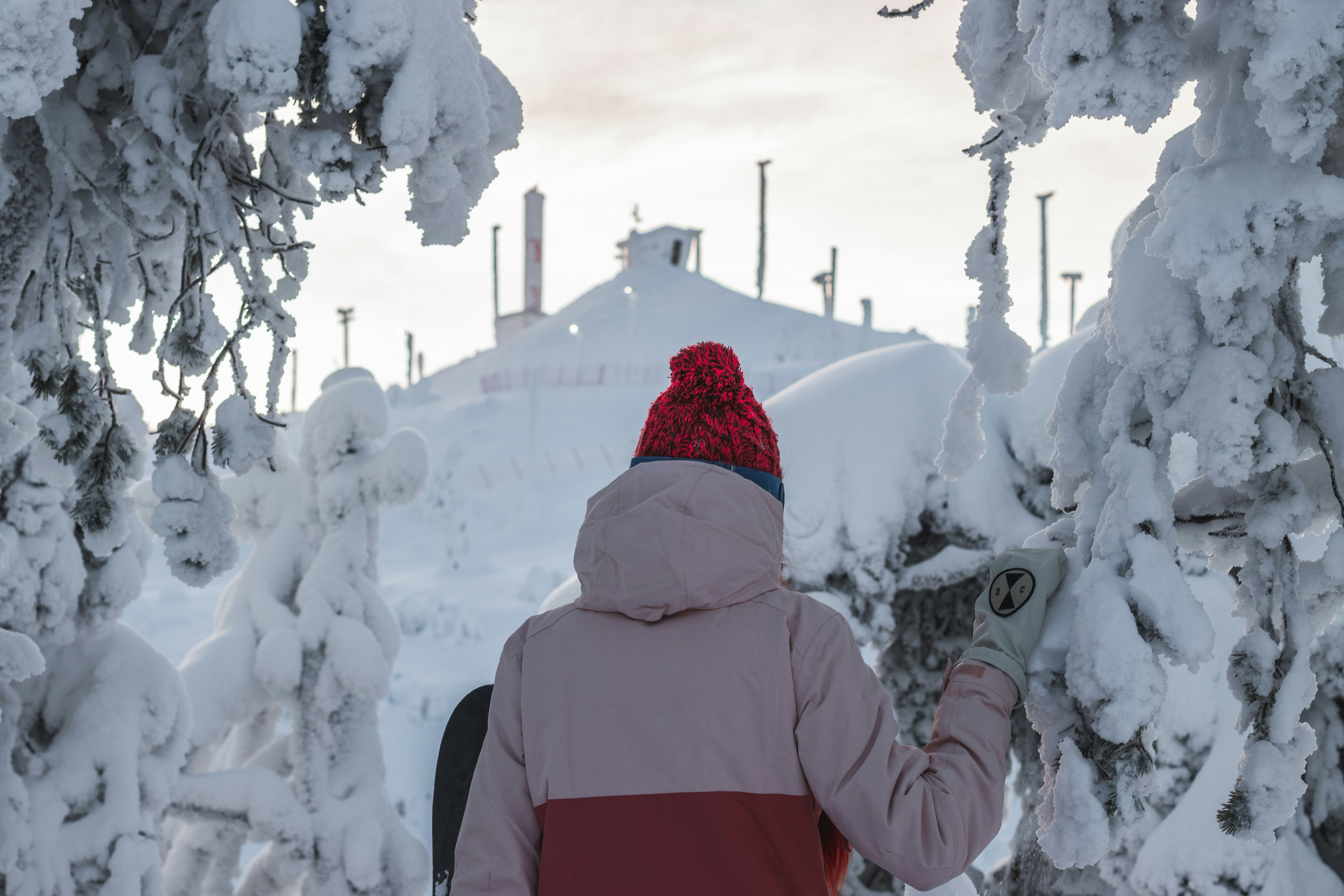 Snowboarder Facing Snowy Hilltop