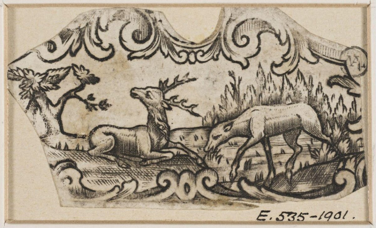 Two Deer in Ornate Scrollwork Engraving