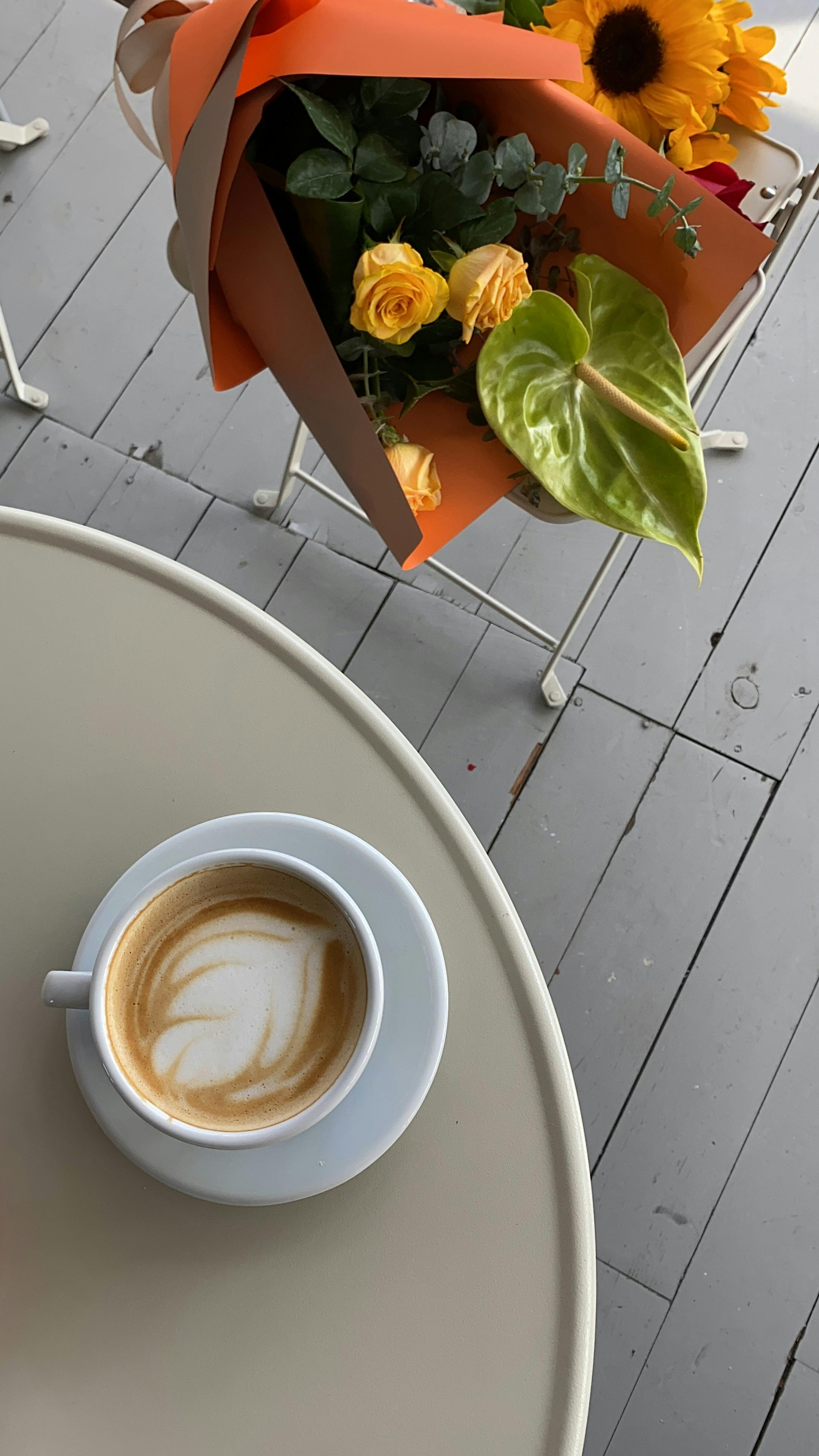 Latte Coffee and Flower Bouquet