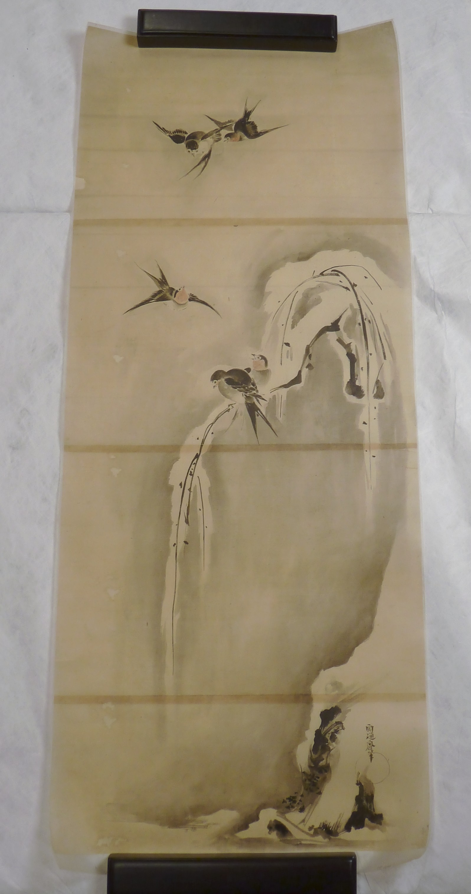 Ink Painting of Swallows and Willow