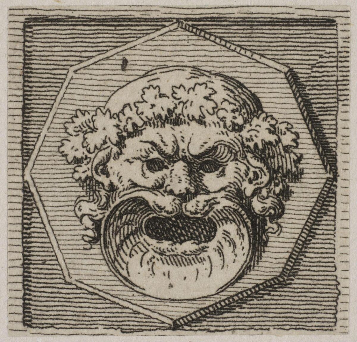 Etching of a Grotesque Mask Head
