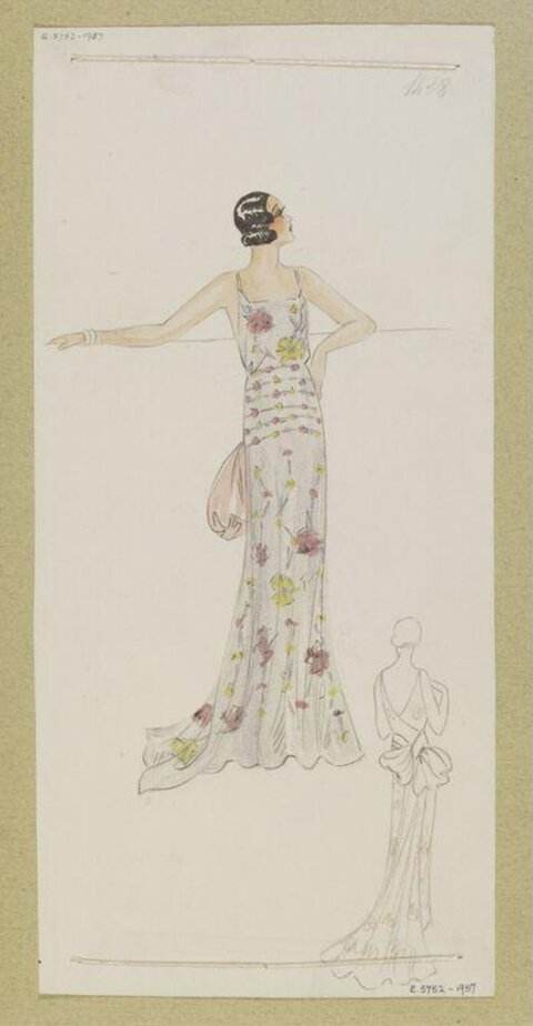 1930s Floral Evening Gown Fashion Sketch
