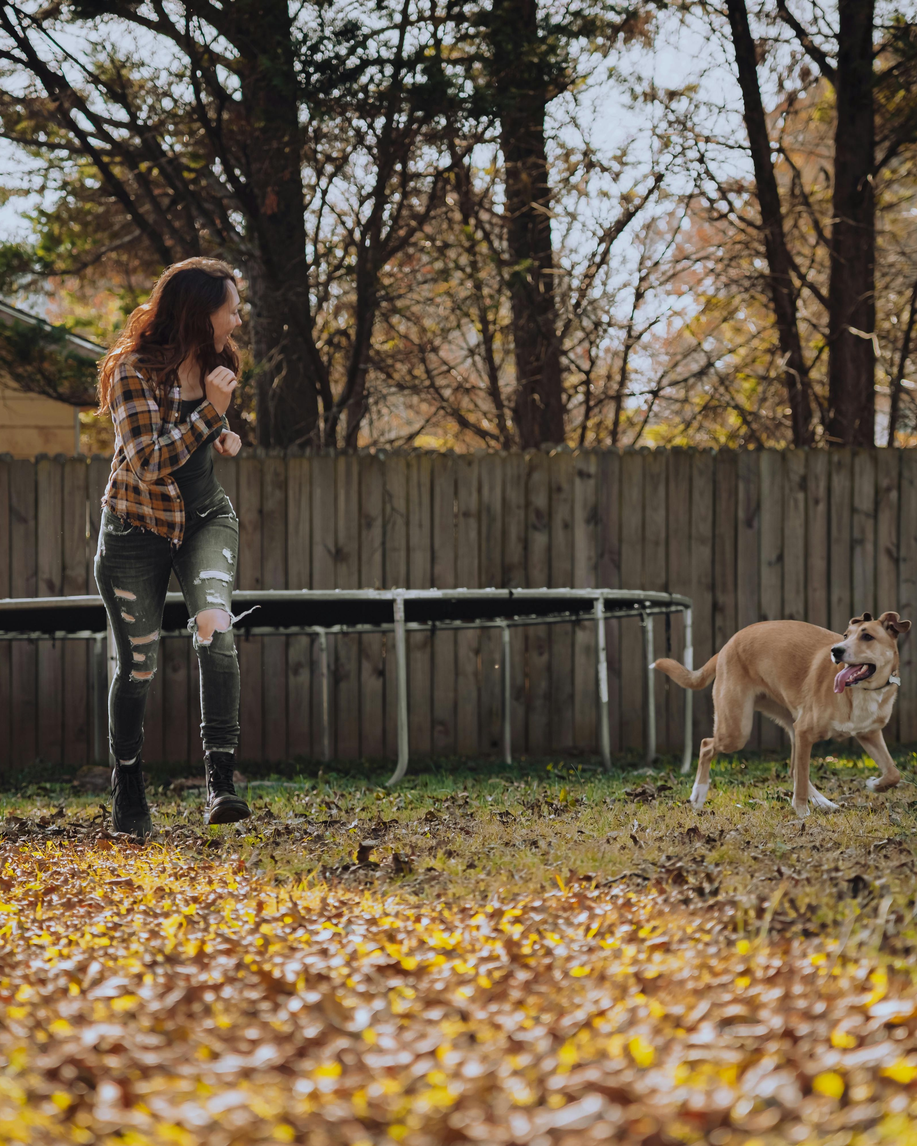 Woman Playing With Dog In Backyard