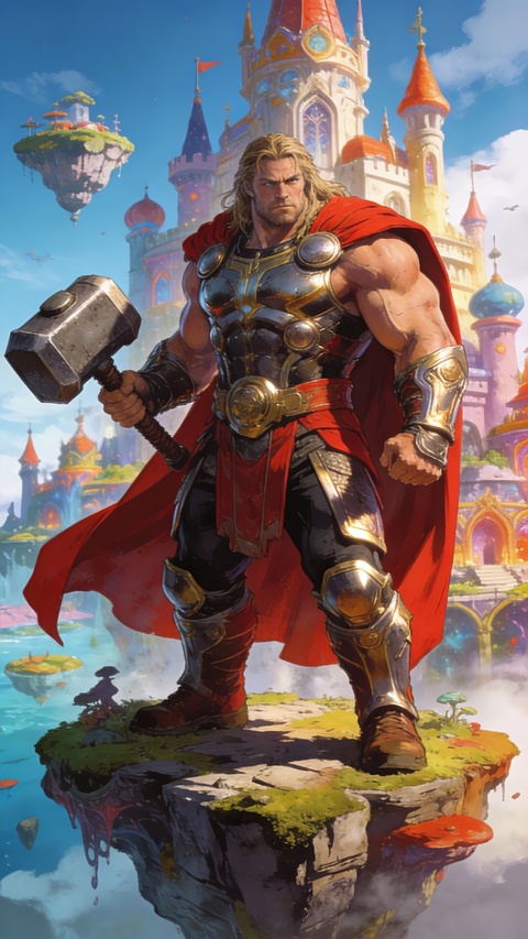 Thor with Mjolnir Before Fantasy Castle