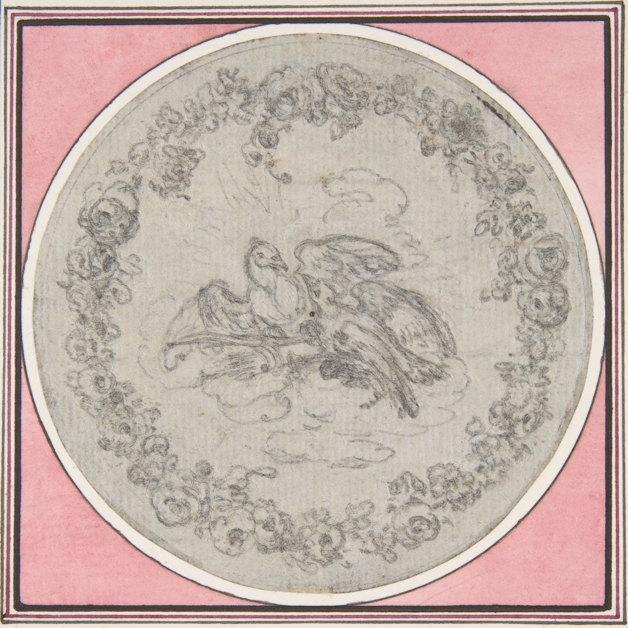 Pencil Sketch of Two Birds in Floral Wreath