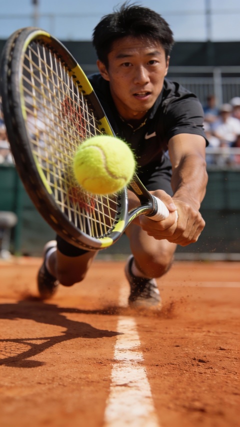 Tennis Player Diving For Ball On Clay Court