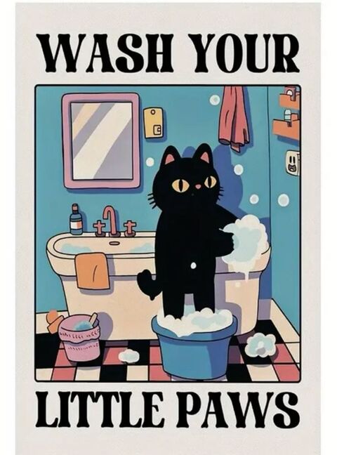 Black Cat Washing Paws Bathroom Poster