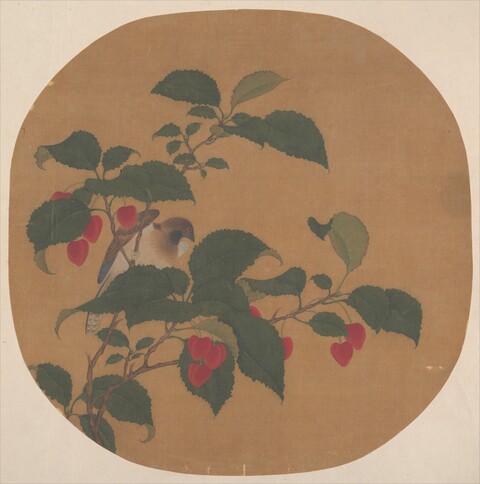Cherry Bird Traditional Fan Painting