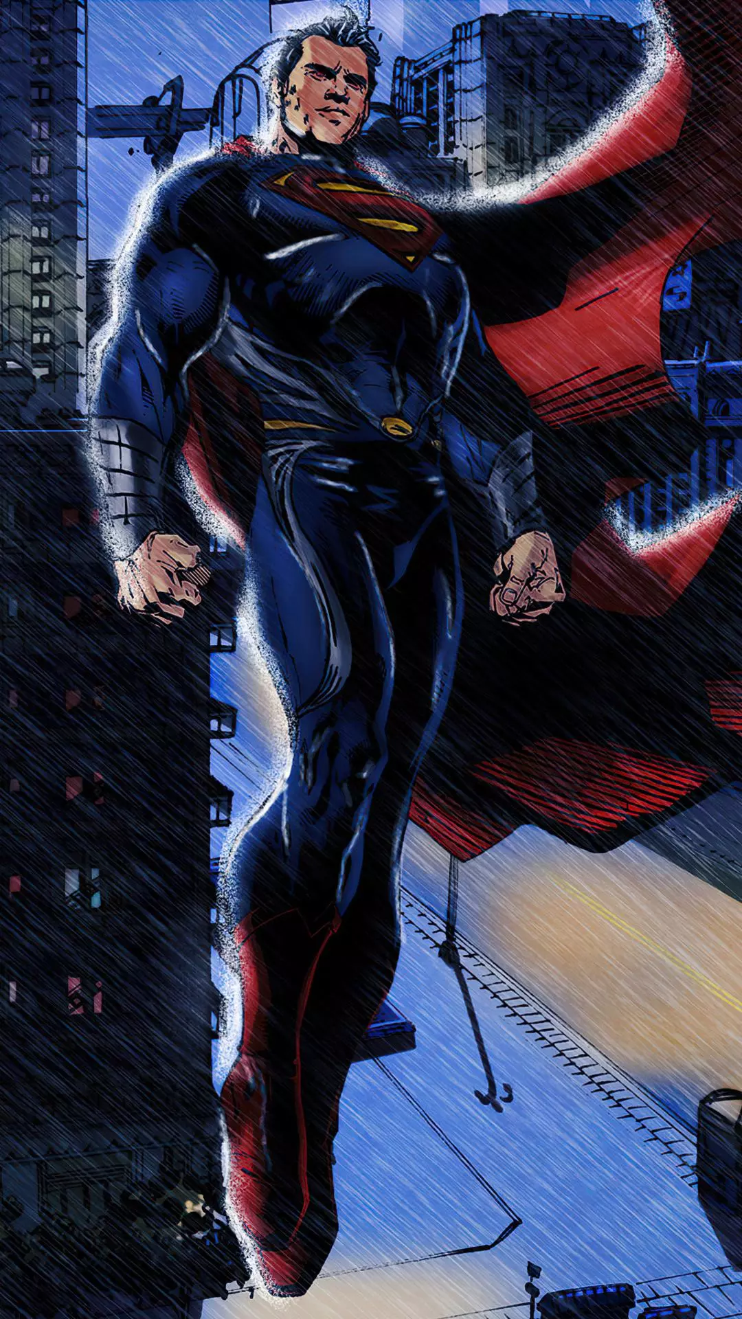 Superman Floating Over Rainy City