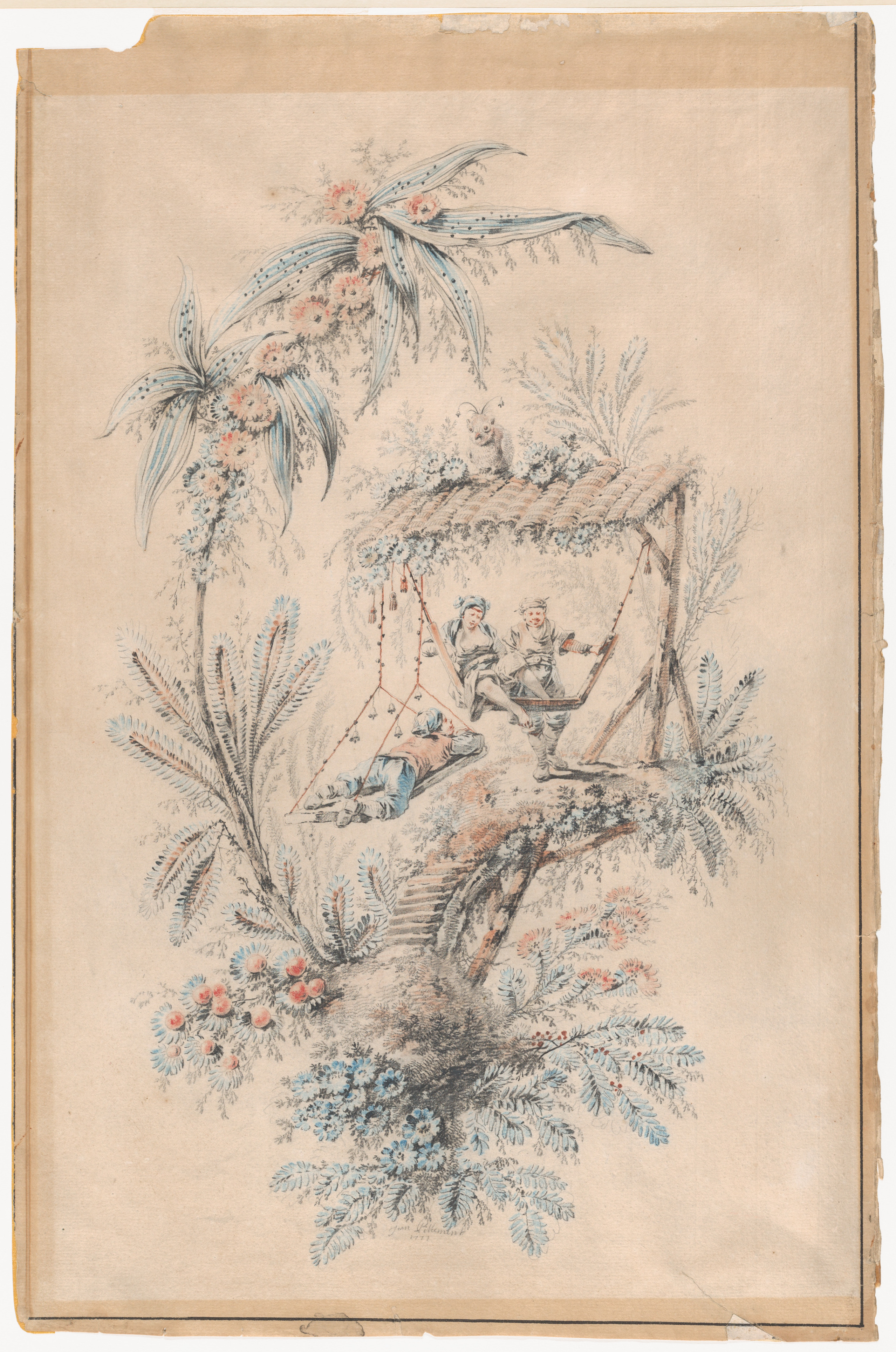 Vintage Sketch of People on Garden Swing