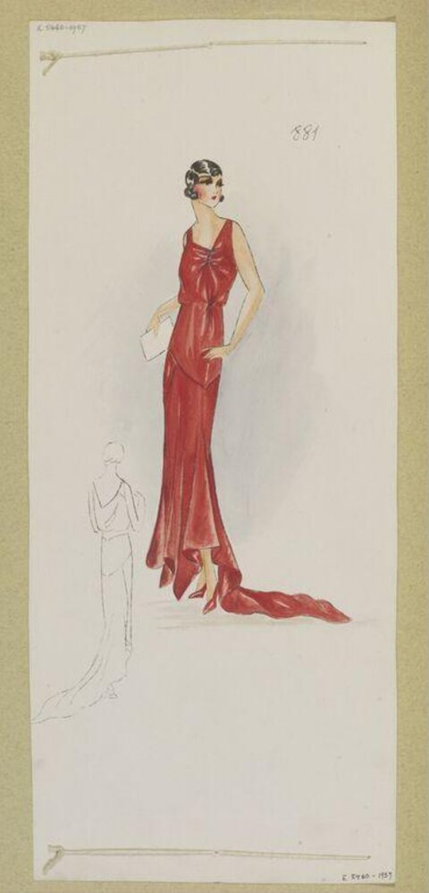 1930s Red Evening Gown Fashion Sketch